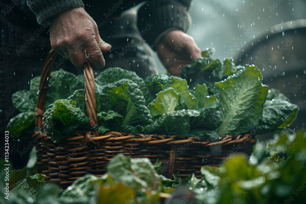 A person harvesting fresh greens from a garden under soft rain, showcasing nature's bounty. A person harvesting fresh greens from a garden under soft rain, showcasing nature's bounty.