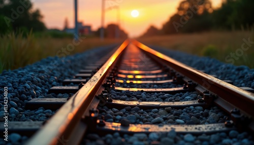 Sunset illuminates train tracks. Close-up perspective shows metal rails on gravel. Empty tracks lead to horizon. Tranquil rural scene. Perfect for travel or transportation themes.