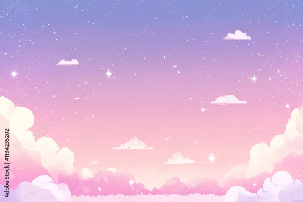 Serene and Dreamy Sky with Soft Clouds, Twinkling Stars and a Gradient Background in Pastel Pink and Blue Hues, Perfect for Illustrations and Creative Designs Serene and Dreamy Sky with Soft Clouds, Twinkling Stars and a Gradient Background in Pastel Pink and Blue Hues, Perfect for Illustrations and Creative Designs