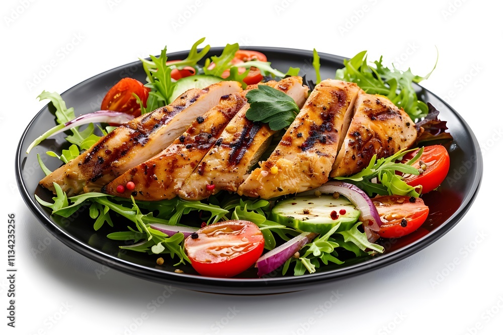 Grilled chicken breast served with fresh salad and tomatoes on a black plate, isolated on white background, ideal for food photography, healthy eating, or culinary advertisements Grilled chicken breast served with fresh salad and tomatoes on a black plate, isolated on white background, ideal for food photography, healthy eating, or culinary advertisements