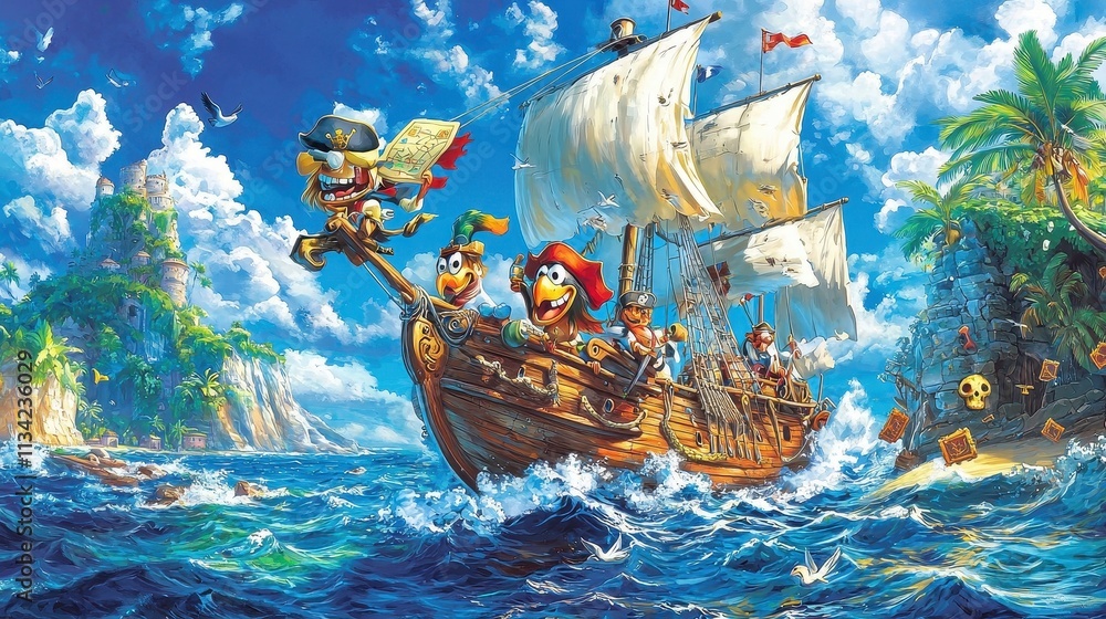 Fototapeta premium A cartoon pirate ship sailing across a sparkling ocean, with a crew of mischievous pirates on board. The captain, a grinning cartoon parrot, holds a treasure map, while the crew prepares to