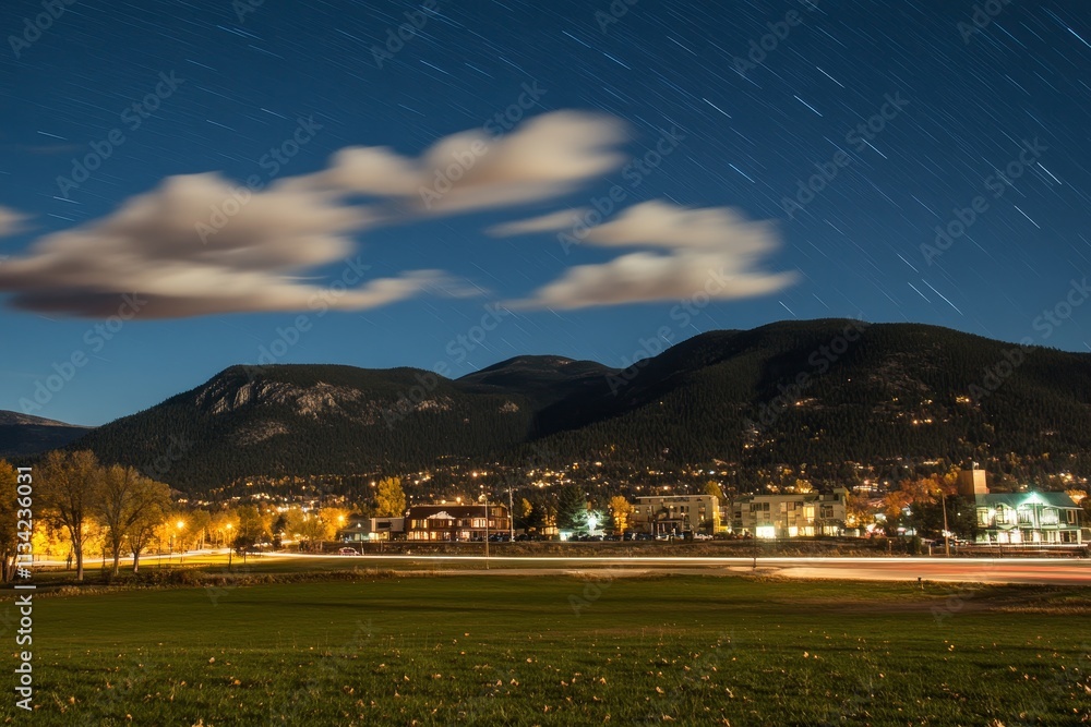 Fototapeta premium Serene Night Landscape with Star Trails Over Mountains and Towns Captured in Long Exposure Photograph, Showcasing Tranquil Atmosphere and Natural Beauty