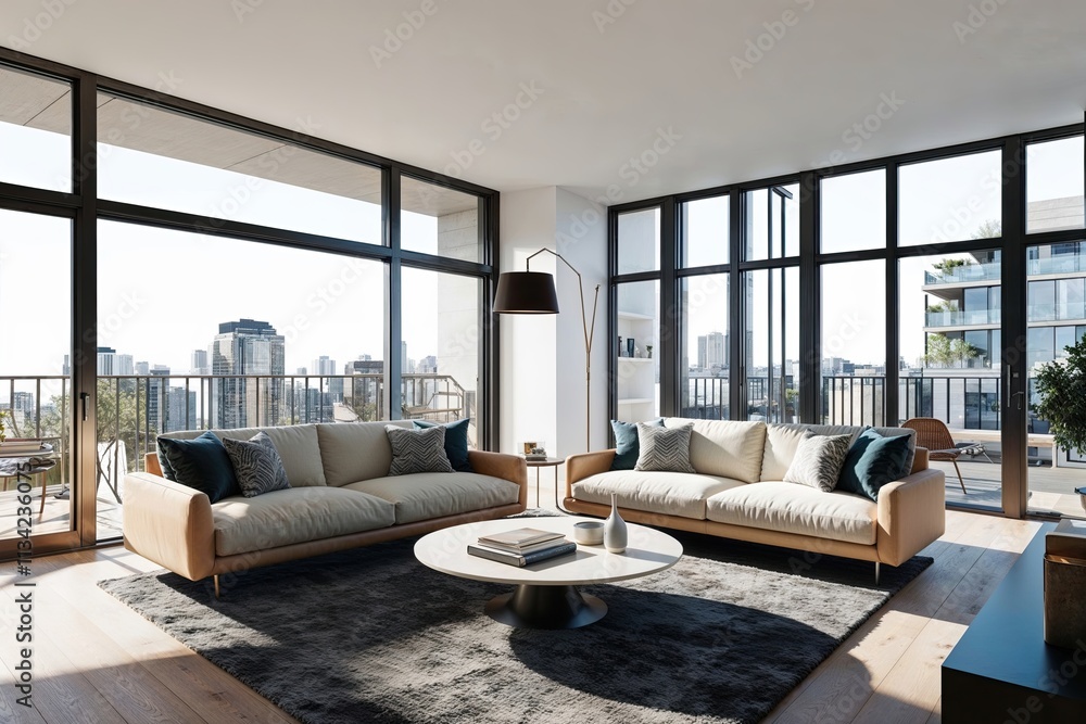 Fototapeta premium Bright Modern 3D Apartment Model with Expansive Windows and Sleek Furniture