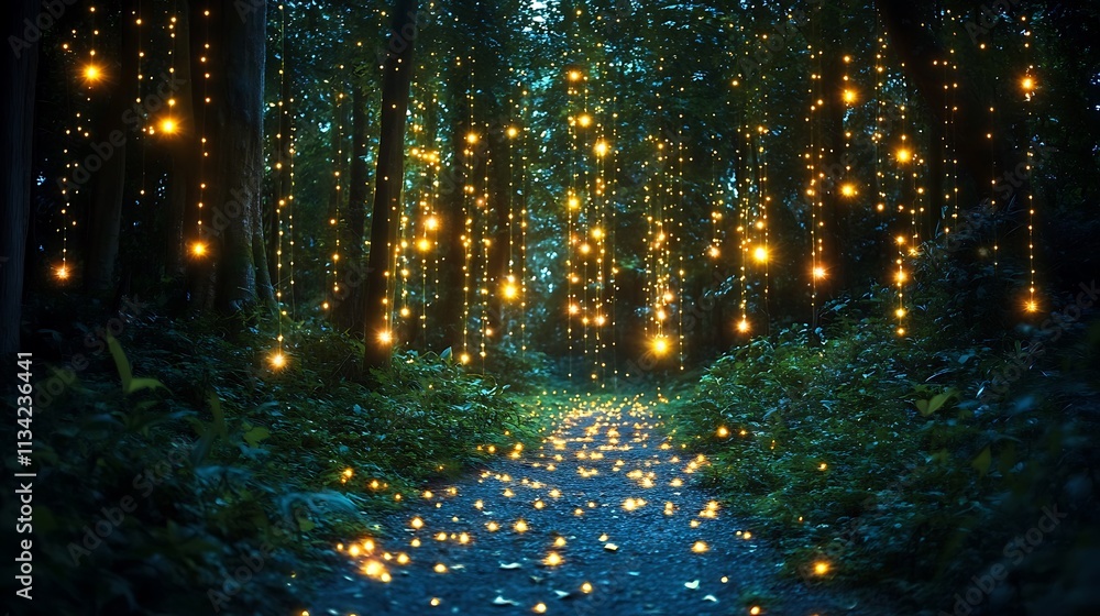 Naklejka premium Enchanting Forest Path Lit By Sparkling Lights