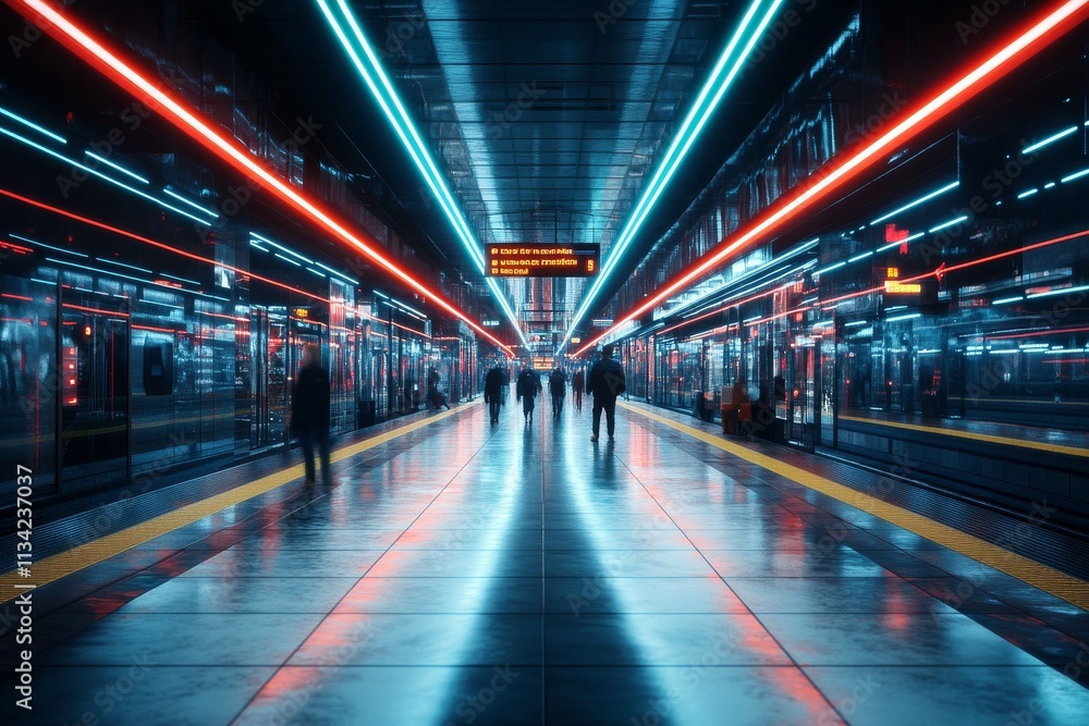 Colorful lights illuminate a busy subway station as commuters move quickly during evening rush hour Colorful lights illuminate a busy subway station as commuters move quickly during evening rush hour