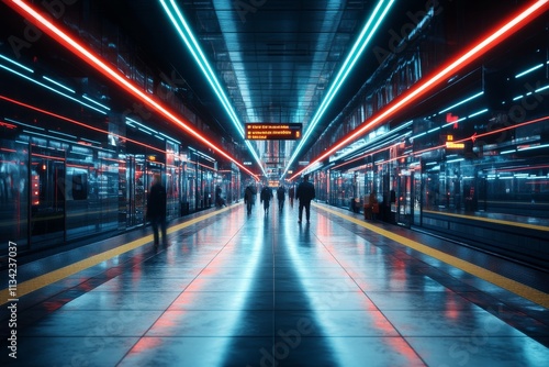 Colorful lights illuminate a busy subway station as commuters move quickly during evening rush hour photo