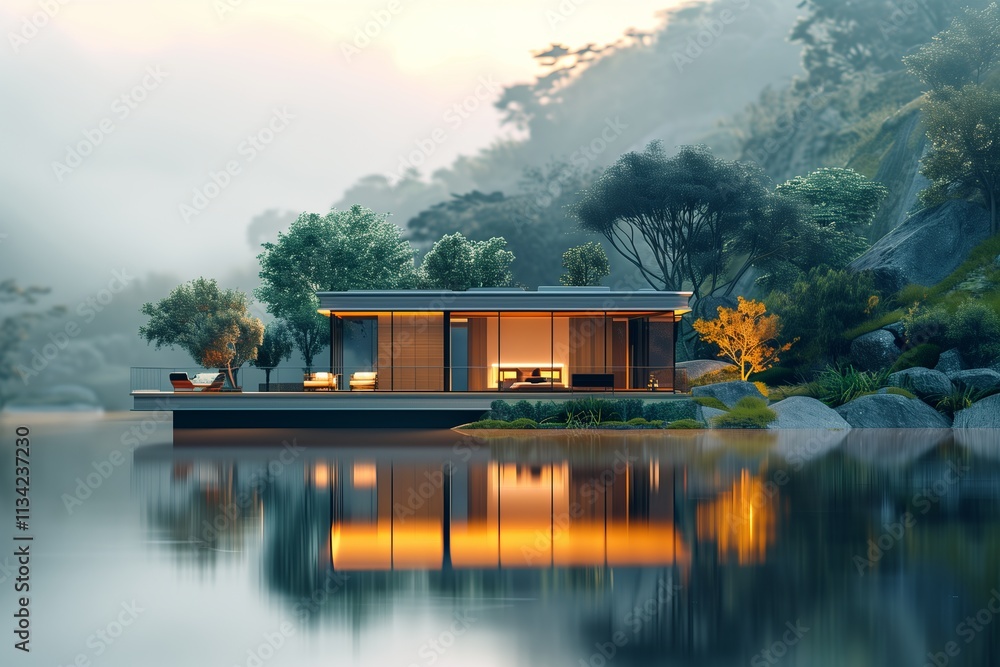 Naklejka premium A serene modern house reflecting on a calm lake surrounded by lush greenery.