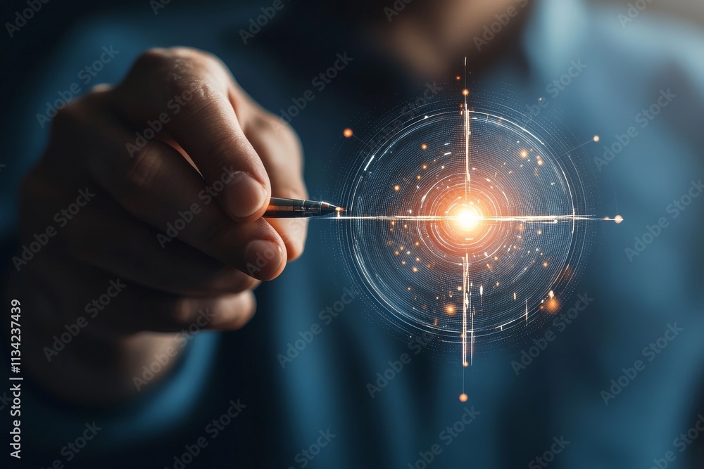 Fototapeta premium Using a pen to create a glowing technology interface in a dark setting