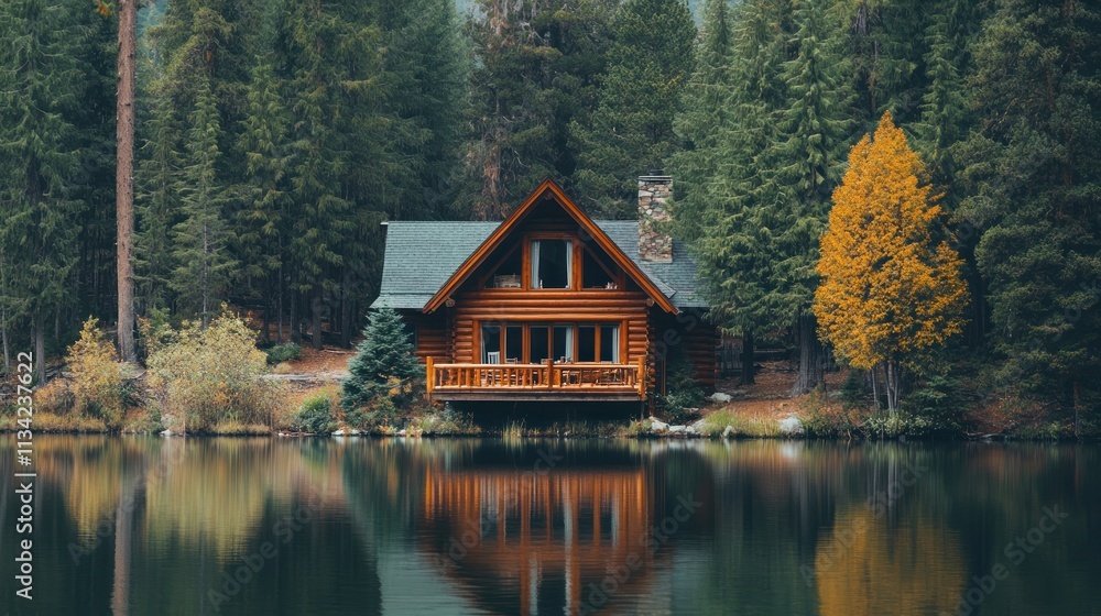 Rustic log cabin nestled on a serene lake shore, surrounded by towering evergreen trees, reflecting tranquility and autumnal colors. Rustic log cabin nestled on a serene lake shore, surrounded by towering evergreen trees, reflecting tranquility and autumnal colors.