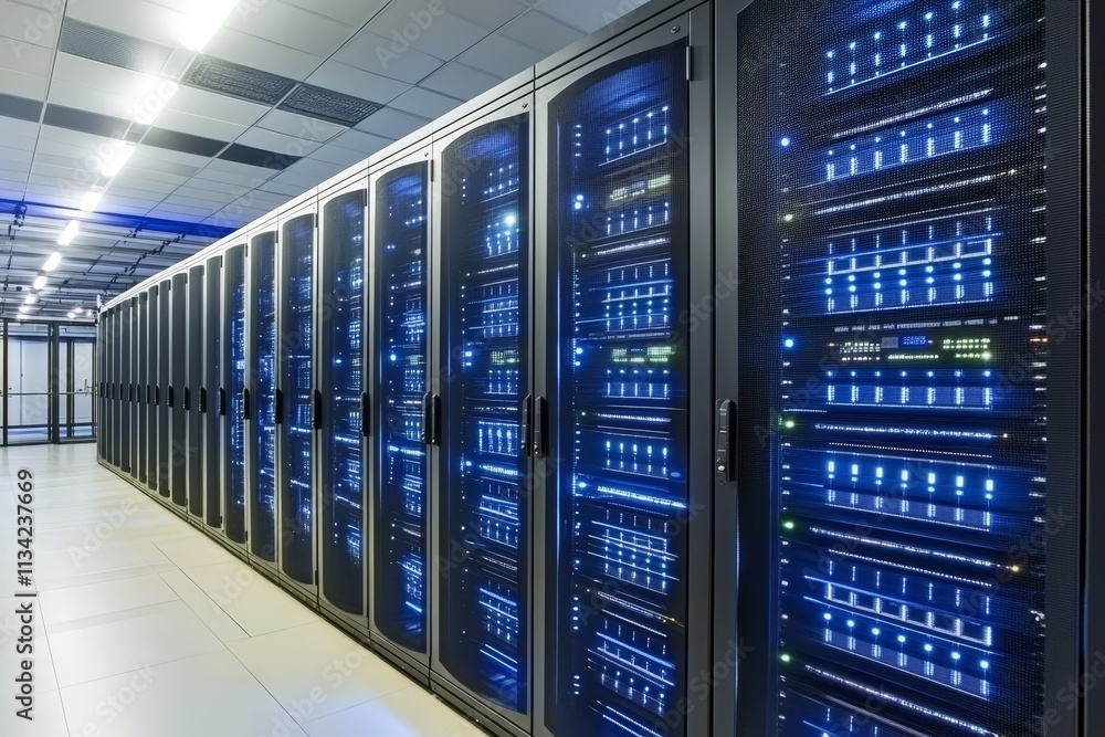 Server Room with Rows of Data Centers Illuminated by Blue LED Lights, Showcasing Modern Technology and Infrastructure for Data Storage Solutions Server Room with Rows of Data Centers Illuminated by Blue LED Lights, Showcasing Modern Technology and Infrastructure for Data Storage Solutions