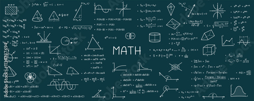 Mathematical symbols. Geometric icons and formulas of important mathematical theories. Vector illustration for background.