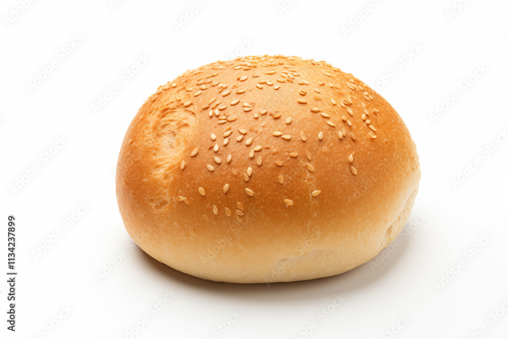 High-quality close-up of a freshly baked bread roll topped with white sesame seeds, displayed on a clean white background in a simple and visually appealing presentation High-quality close-up of a freshly baked bread roll topped with white sesame seeds, displayed on a clean white background in a simple and visually appealing presentation