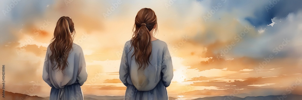 Woman meditation under the rising sun, water color painting Woman meditation under the rising sun, water color painting