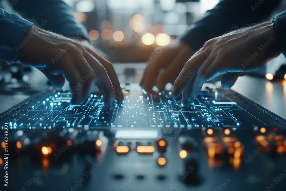 Hands working on a futuristic circuit board in a tech environment with glowing elements Hands working on a futuristic circuit board in a tech environment with glowing elements