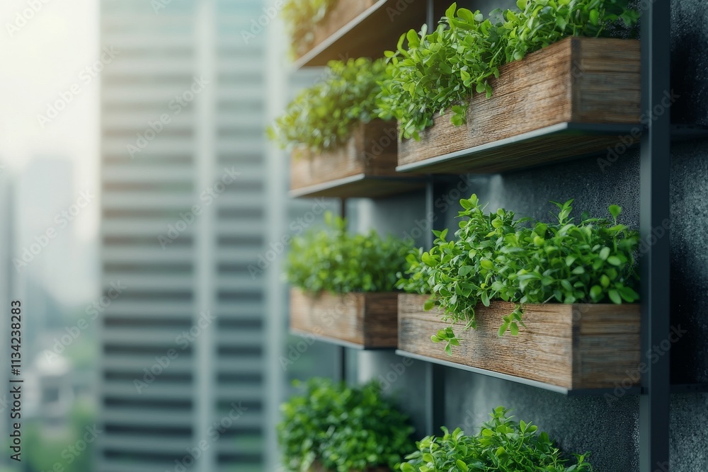 Urban garden with vertical planters showcasing lush greenery amidst city buildings at dawn Urban garden with vertical planters showcasing lush greenery amidst city buildings at dawn