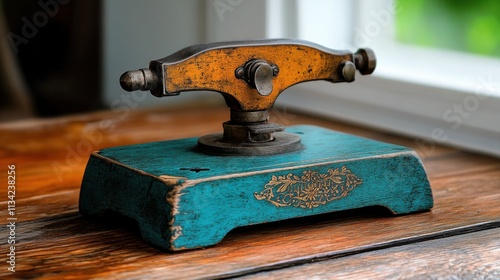 Vintage iron press displaying antique craftsmanship rustic home interior still life natural light artistic perspective photo