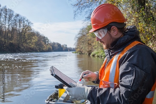 Scientist Conducting Water Testing by Calm River photo