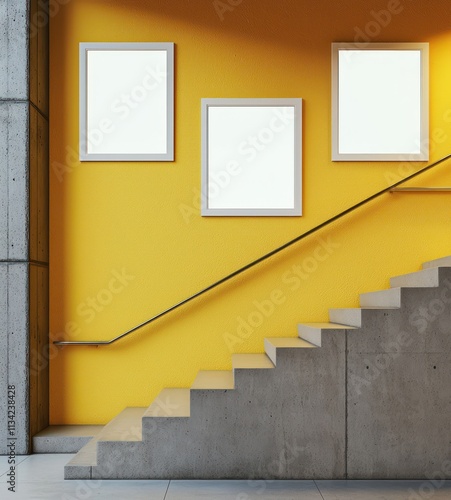 White frames on a concrete wall with yellow accents in an industrial stairway setting. photo