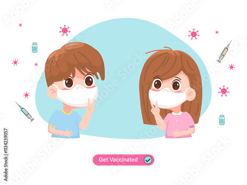 Patients girl, boy kids in masks get vaccine injection shot. Virus pandemic preventive measure flat vector illustration.