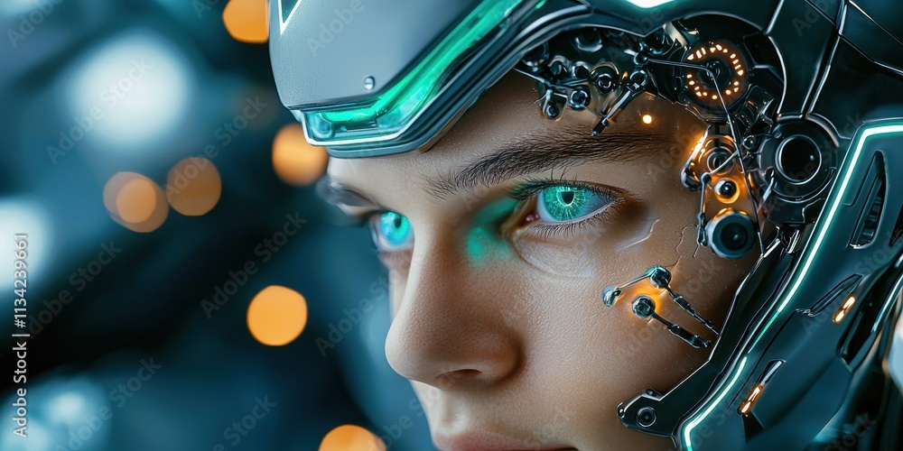 A futuristic cyborg with glowing eyes and intricate mechanical details, set against a blurred, vibrant background. A futuristic cyborg with glowing eyes and intricate mechanical details, set against a blurred, vibrant background.