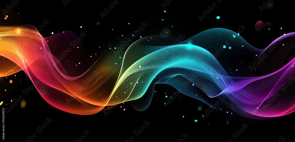 Abstract flowing colorful wave with sparkles on dark background. Abstract flowing colorful wave with sparkles on dark background.