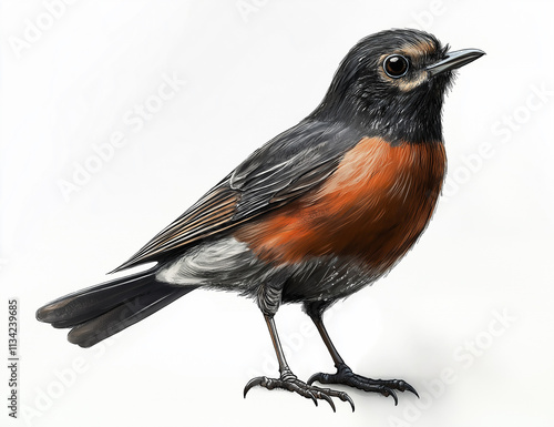 Photo of a bird with oil painting effect applied. Cute bird with great details and colours. Isolated image. White Background. Black redstart. photo