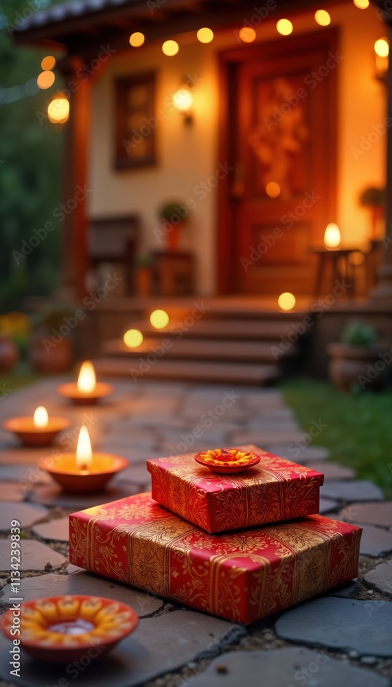 Diwali sweet box sits on stone patio. Festive home lights background. Traditional Indian gift. Evening atmosphere with diyas. Holiday celebration. Copy space for text. Diwali sweet box sits on stone patio. Festive home lights background. Traditional Indian gift. Evening atmosphere with diyas. Holiday celebration. Copy space for text.