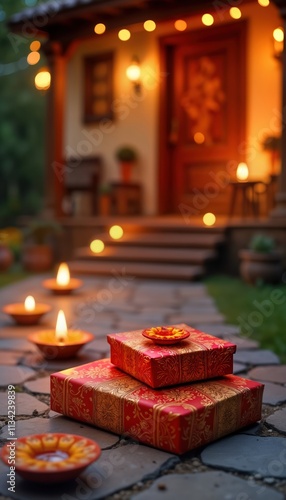 Diwali sweet box sits on stone patio. Festive home lights background. Traditional Indian gift. Evening atmosphere with diyas. Holiday celebration. Copy space for text. photo