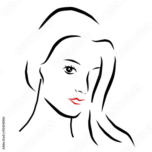A vector illustration, sketch, one line art of a young beautiful woman or girl. Hand drawing, pretty face on a white background.