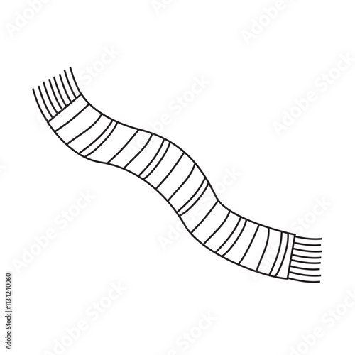 Warm striped knitted scarf isolated on a white background. Vector flat Doodle illustration. Coloring, drawing a single black line. A sketch of the scarf, design element, icon.
