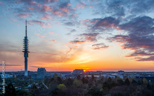 Sunrise aerial view of Telemax, the tallest building in Hanover