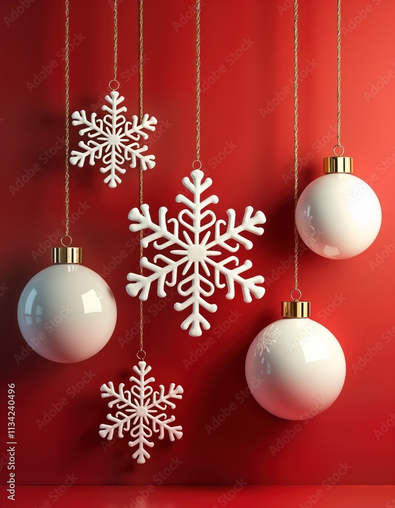 White snowflake ornaments and Christmas balls hang from golden strings against a red background. Festive decorations. Winter holiday theme. Ornaments are hanging for Christmas celebration. White snowflake ornaments and Christmas balls hang from golden strings against a red background. Festive decorations. Winter holiday theme. Ornaments are hanging for Christmas celebration.