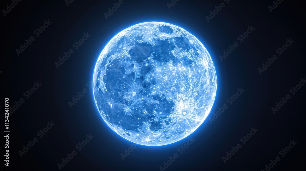 Obraz premium A glowing blue moon against a dark backdrop showcasing its craters and surface details creating a serene and mystical atmosphere.