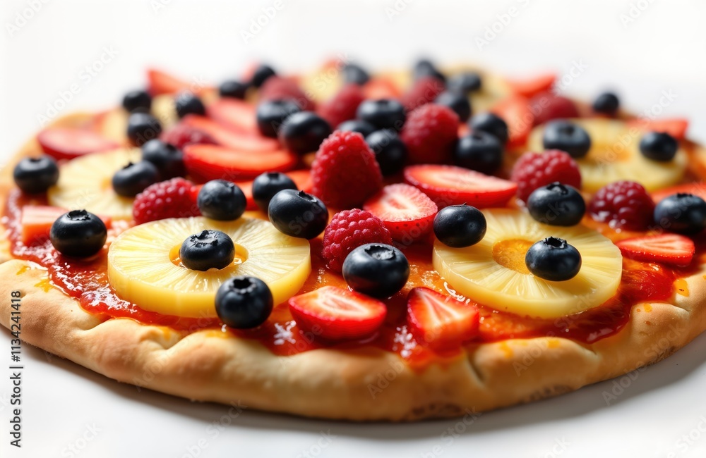 Unique fruit pizza with pineapple slices strawberries blueberries, raspberries on pizza crust. Fresh, colorful dessert pizza. Delicious, attractive food idea for healthy eating special occasions. Unique fruit pizza with pineapple slices strawberries blueberries, raspberries on pizza crust. Fresh, colorful dessert pizza. Delicious, attractive food idea for healthy eating special occasions.