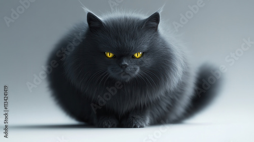 A photorealistic rendering of a sleek long-haired cat with a deep smoky-gray coat and luminous yellow eyes, crouched in an alert position on a pure white background. Every strand of fur is meticulousl photo