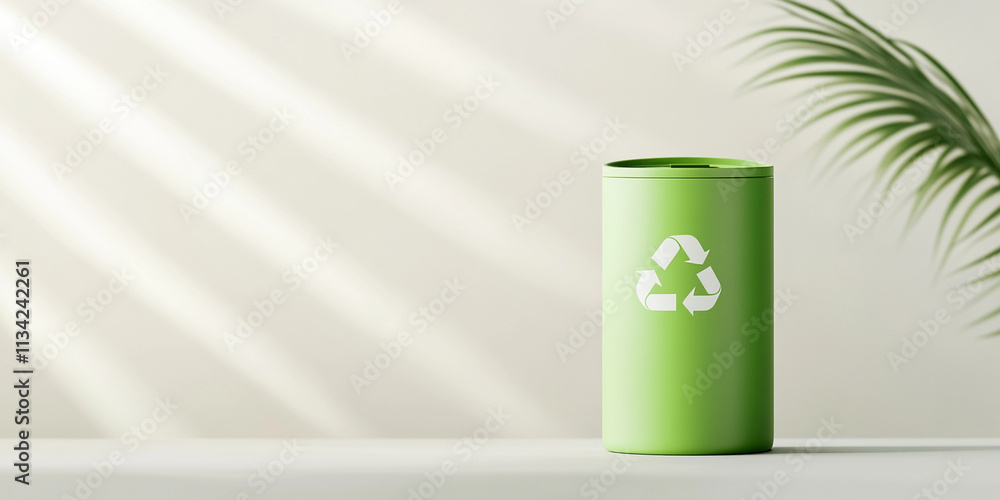 minimalistic green recycling bin stands on light surface, surrounded by soft shadows and palm leaf, promoting eco friendliness and sustainability minimalistic green recycling bin stands on light surface, surrounded by soft shadows and palm leaf, promoting eco friendliness and sustainability