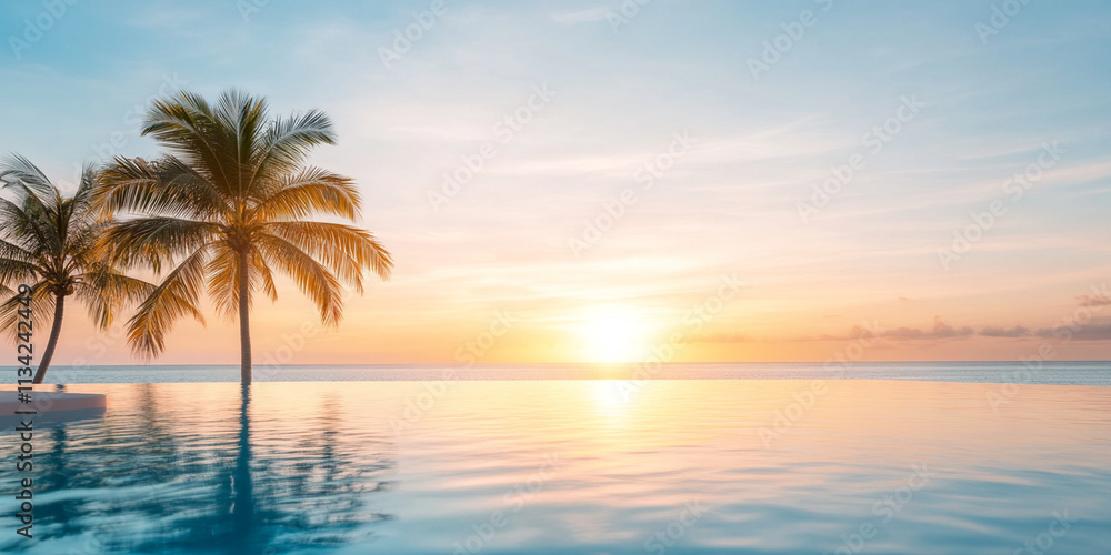 serene tropical sunset over tranquil infinity pool, with palm trees silhouetted against colorful sky. peaceful atmosphere invites relaxation and reflection serene tropical sunset over tranquil infinity pool, with palm trees silhouetted against colorful sky. peaceful atmosphere invites relaxation and reflection