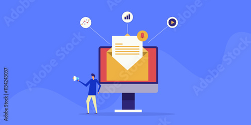 Email marketing campaign performance, analytics data digital business metrics, open rate and click rate report. Automation software for message communication.