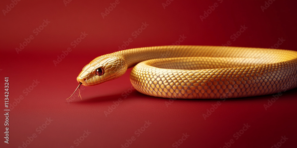 Fototapeta premium smooth golden snake lying flat on matte red surface, showcasing its elegant scales and striking features. vibrant colors create captivating visual contrast