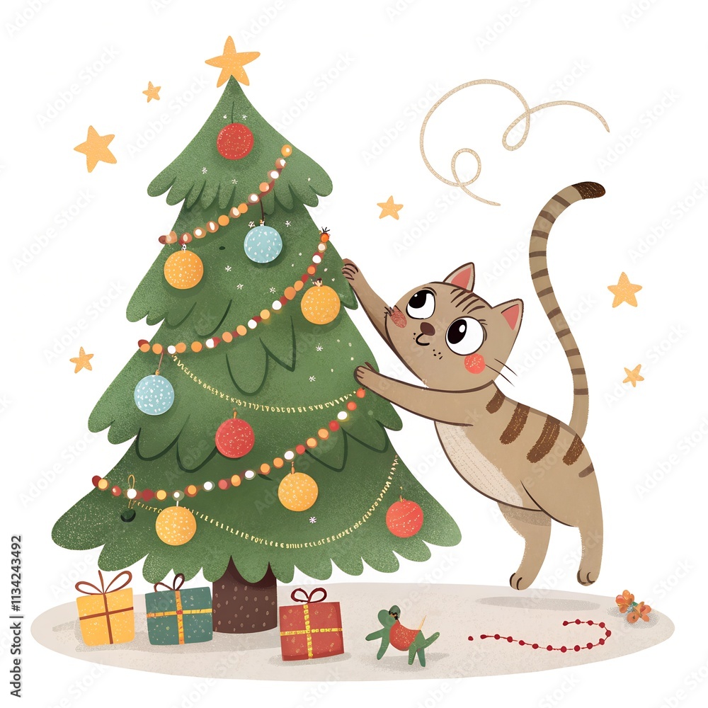 Illustration of Curious Cat Playing with Christmas Tree Ornaments in Festive Living Room Illustration of Curious Cat Playing with Christmas Tree Ornaments in Festive Living Room