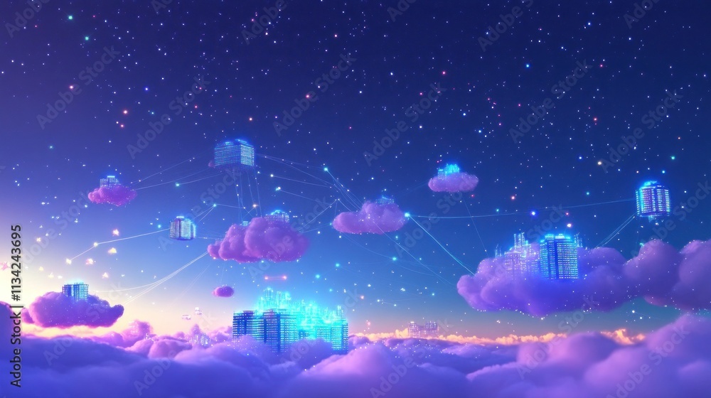 Fototapeta premium Futuristic cityscape hovering above clouds connected by glowing network lines at sunrise.