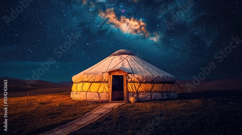 Traditional Mongolian yurt under starry skies, nomadic life in vast open steppes.