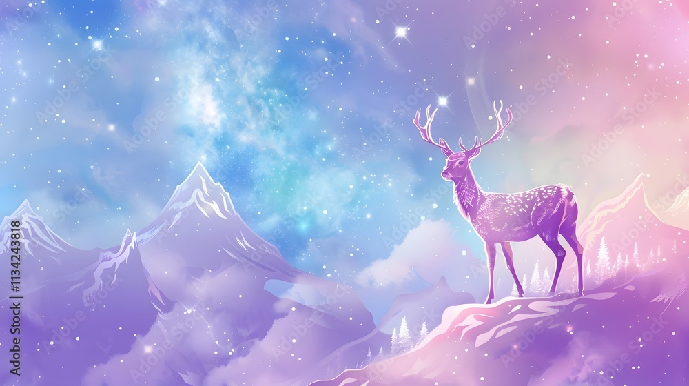 A majestic white deer with perfect antlers, on the mountain and the view of the stars in the beautiful sky A majestic white deer with perfect antlers, on the mountain and the view of the stars in the beautiful sky