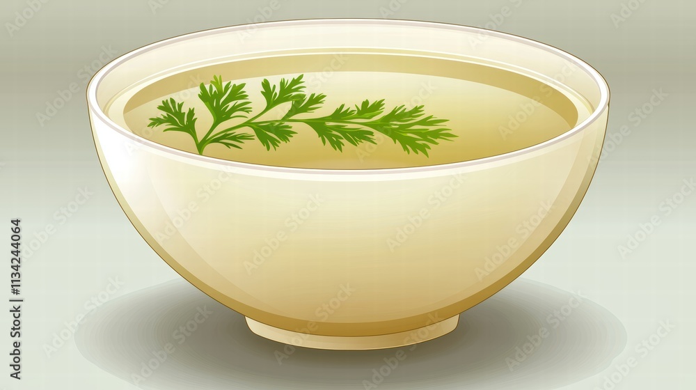 Simple White Bowl with Herbal Broth and Fresh Green Garnish Simple White Bowl with Herbal Broth and Fresh Green Garnish