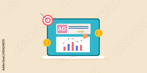 PPC - pay per click advertising performance analytics graph data on laptop screen, digital marketing report concept.
