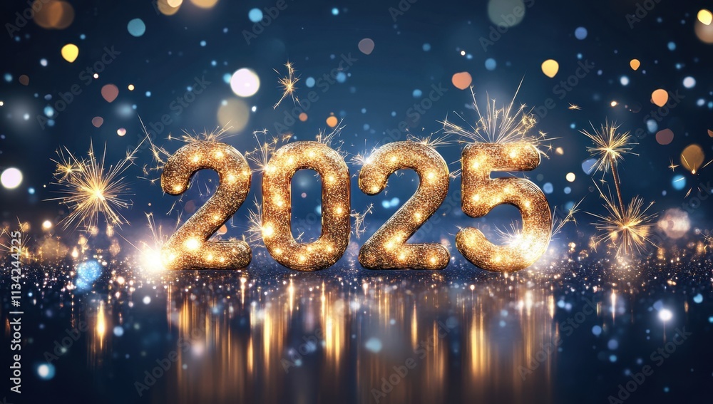 The letters 2025 are lit up with sparkles The letters 2025 are lit up with sparkles