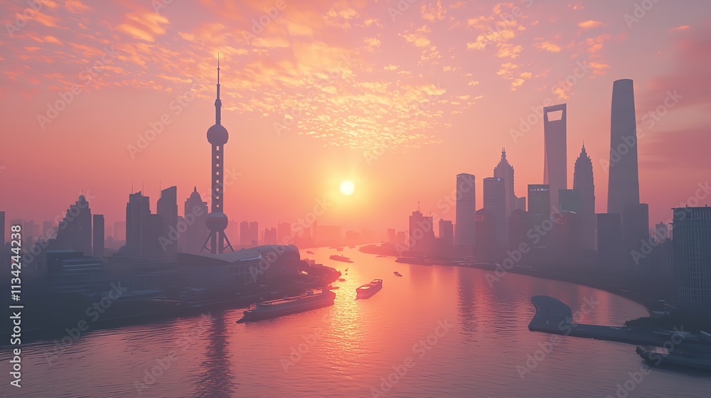 Shanghai Skyline at Sunset in 16K Resolution: Ultra Photorealistic View Shanghai Skyline at Sunset in 16K Resolution: Ultra Photorealistic View