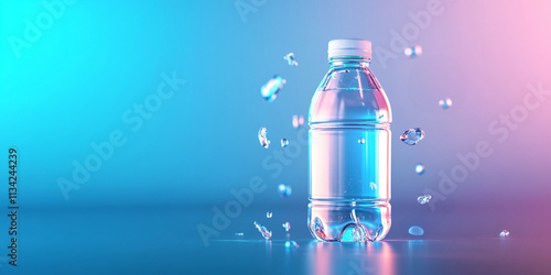 clear plastic water bottle surrounded by droplets, reflecting hydration and freshness. vibrant blue and pink background enhances visual appeal, emphasizing importance of staying hydrated photo