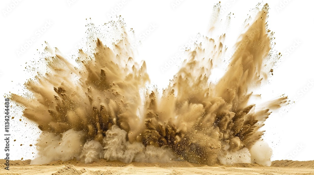 Naklejka premium Sand flying, explosion on white background, creating a dynamic and intense scene. The swirling sand and the powerful burst of the explosion make for a visually striking and chaotic moment.