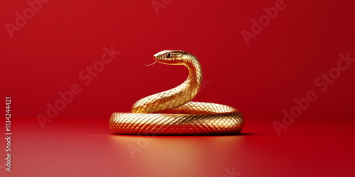 minimalistic 3D rendering of flawless golden snake on vibrant red background, showcasing its intricate scales and elegant posture. design evokes sense of luxury and sophistication